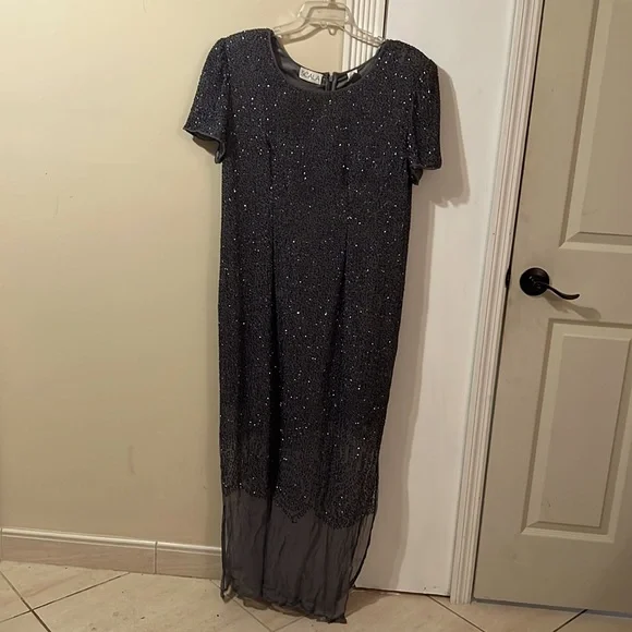 vintage scala beaded dress SCALA 80149 - Long Sheath Dress - Strapless, Fitted Bodice, Beaded, Sequined, Back Zipper Closure, Slit, Train 000 / Black